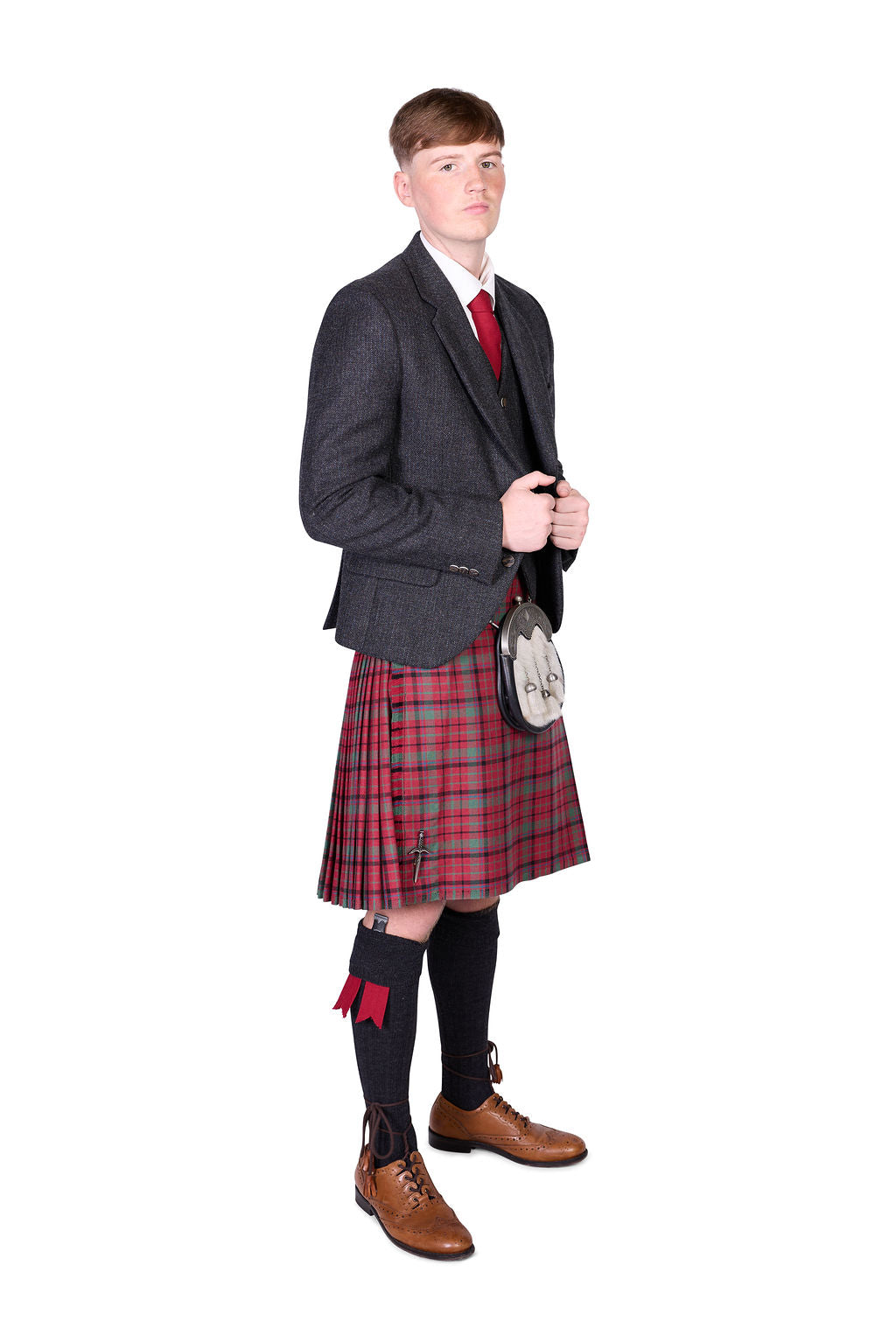 Red Nicolson Muted / Lovat Charcoal Tweed Kilt Hire Outfit