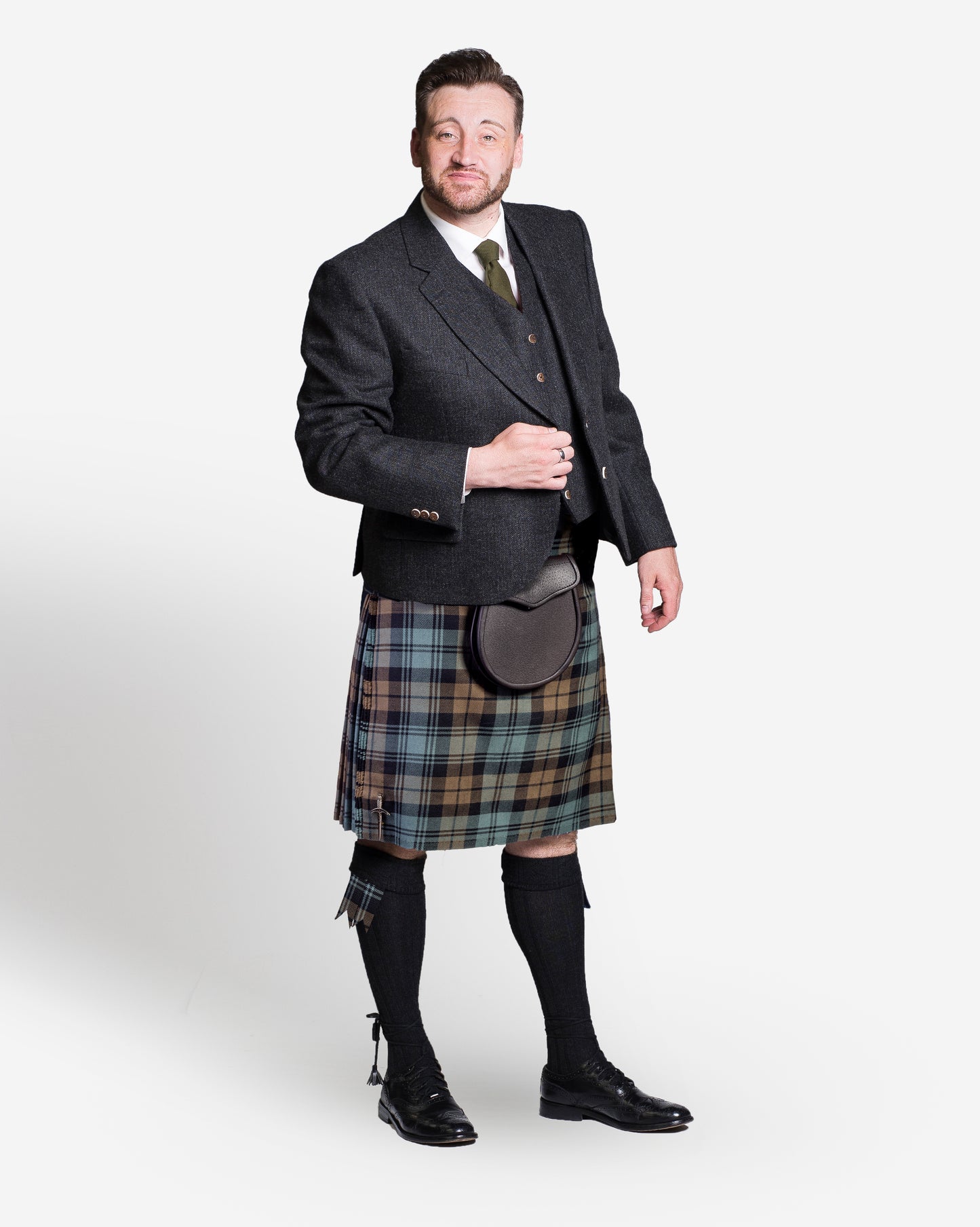 Weathered Black Watch kilt and charcoal tweed jacket kilt hire outfit