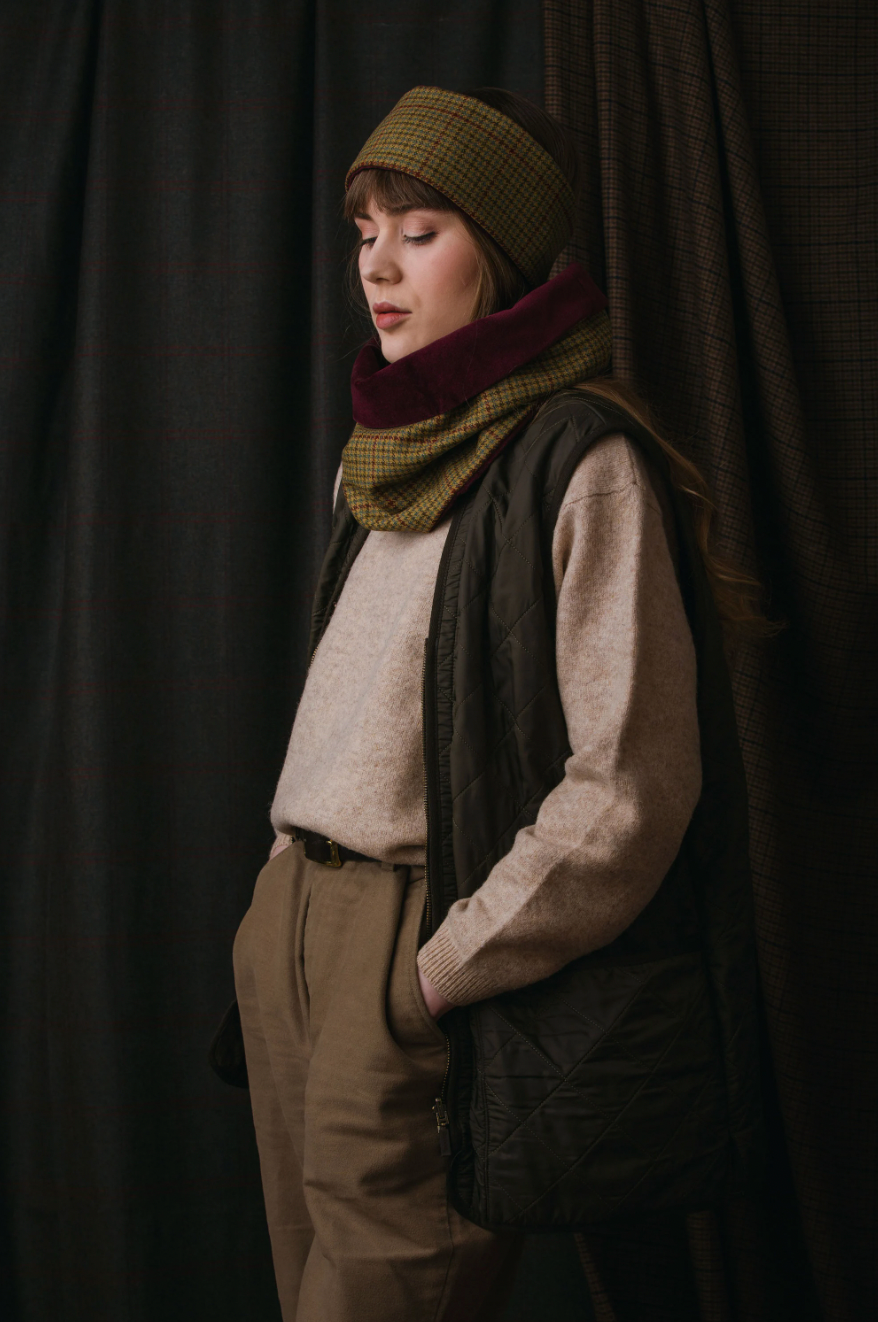 Classic Check Lovat Tweed Cowl Velvet Lining by LoullyMakes