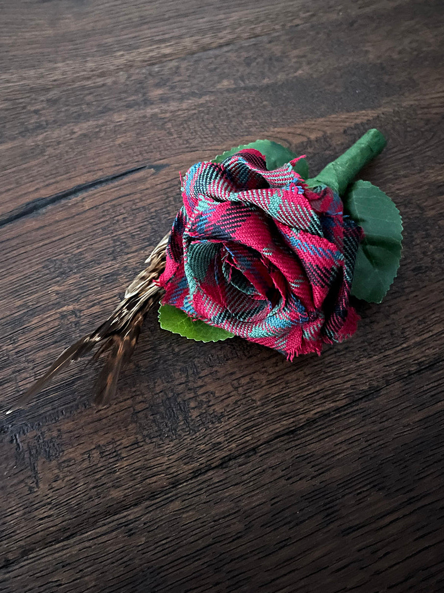Handmade Tartan Rose Buttonhole - Pheasant Feather Embellishment