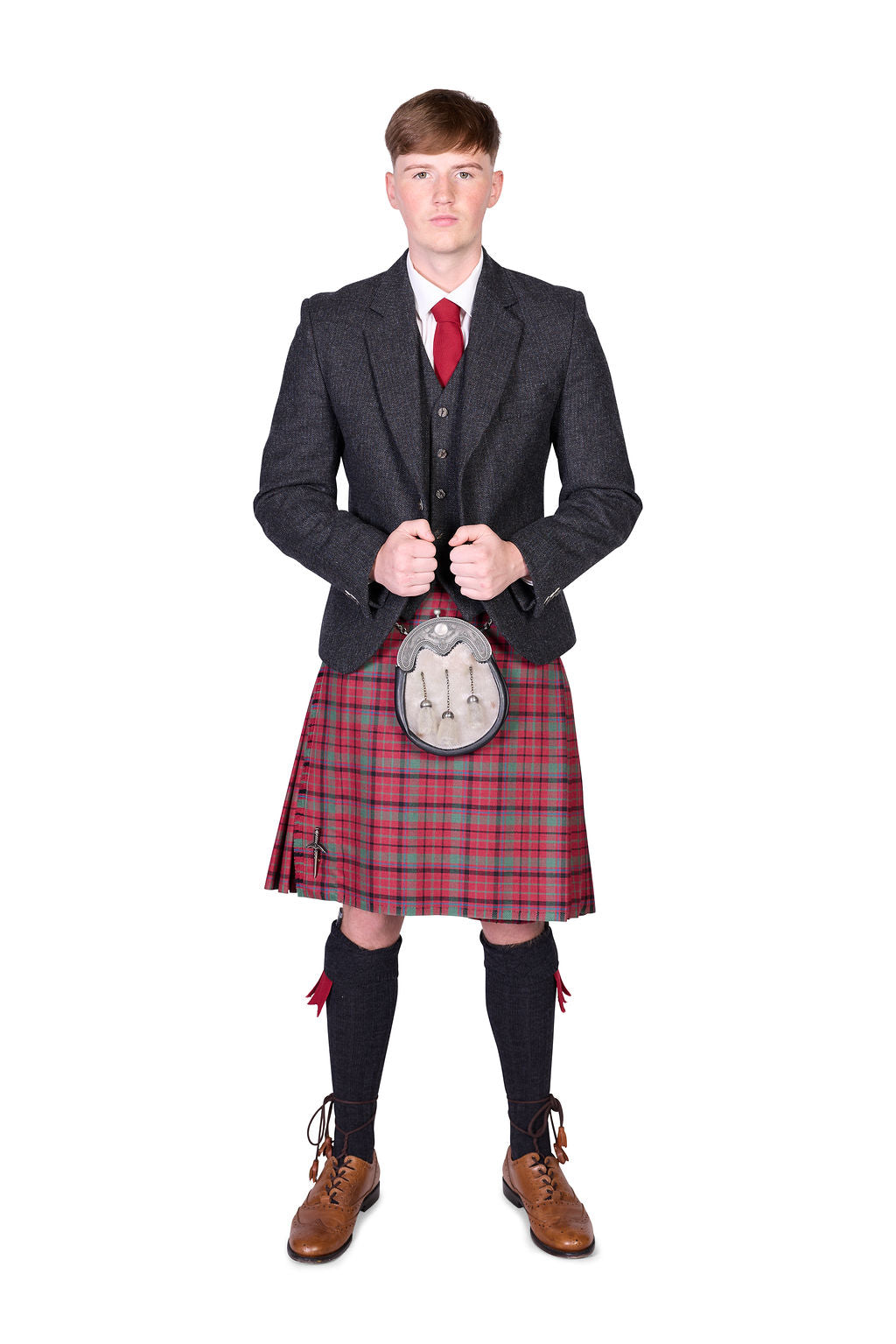 Red Nicolson Muted / Lovat Charcoal Tweed Kilt Hire Outfit