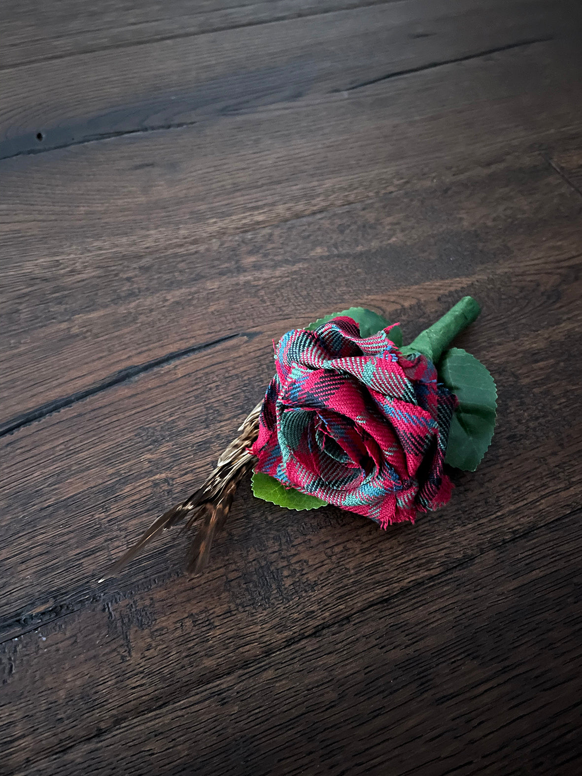 Handmade Tartan Rose Buttonhole - Pheasant Feathers