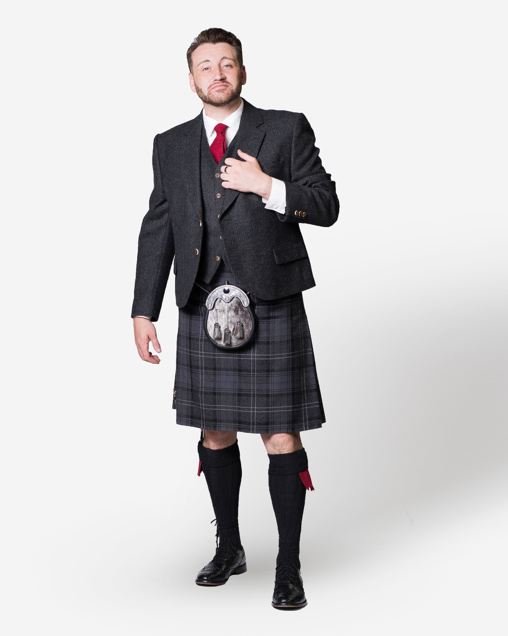 Highland Granite tartan kilt and charcoal tweed jacket hire outfit