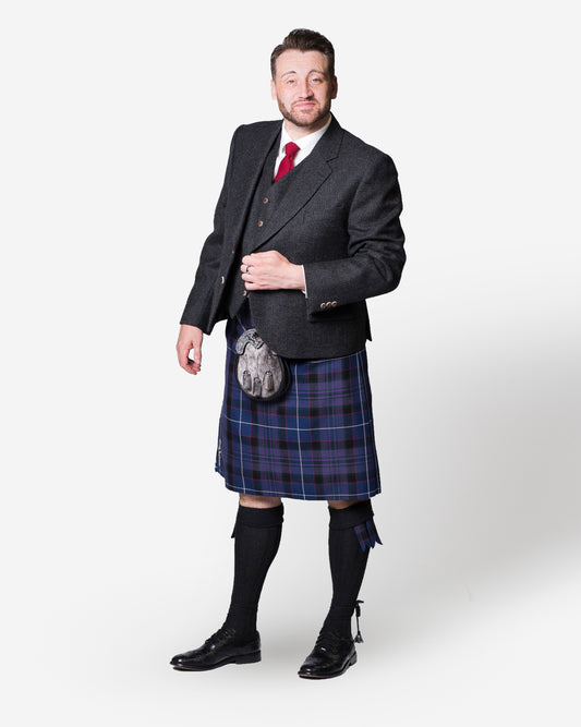 Gordon Nicolson Kiltmakers Western Isles tartan kilt and charcoal tweed jacket hire outfit