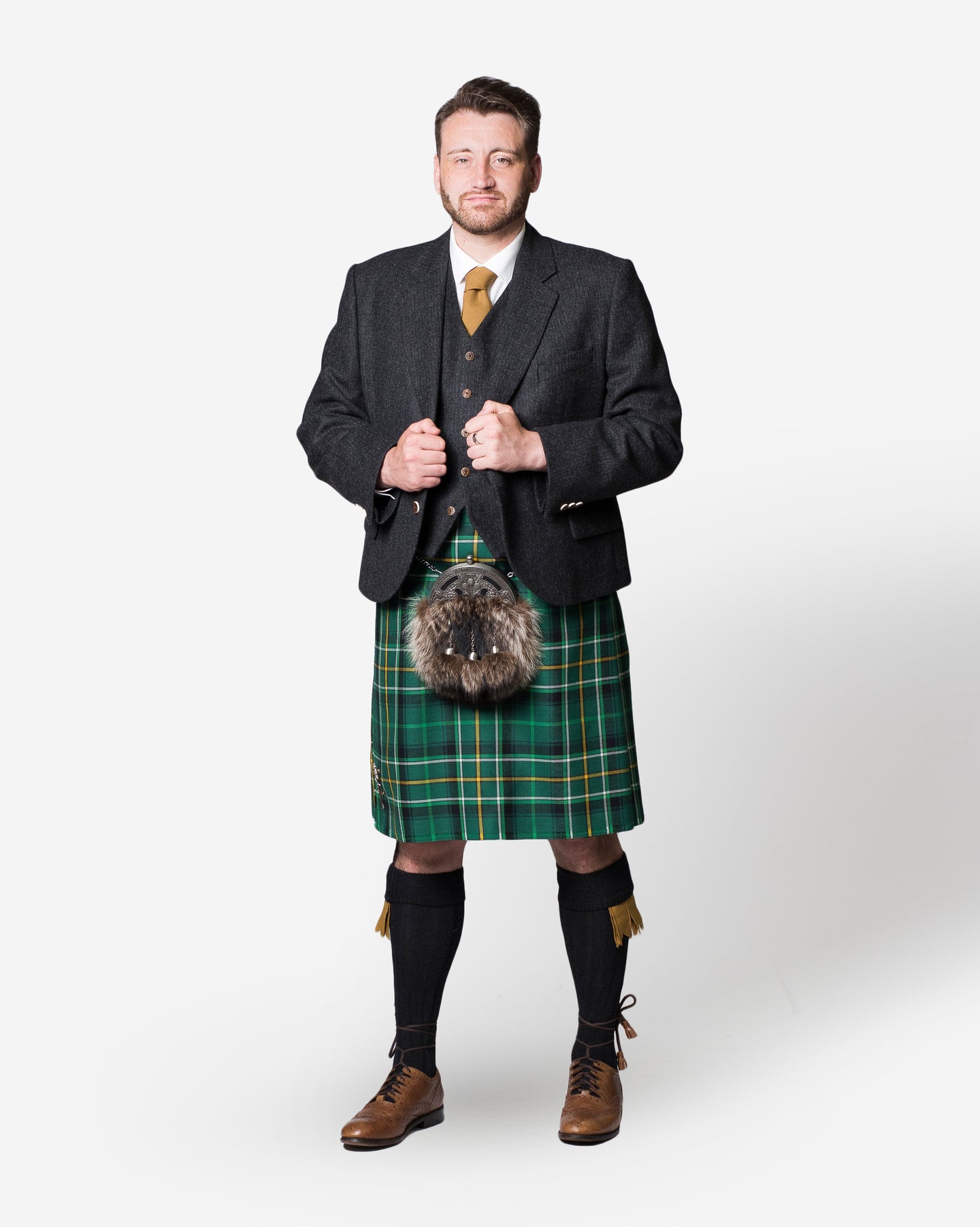 Exclusive Celtic FC tartan kilt and charcoal tweed jacket hire outfit
