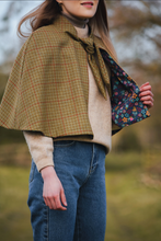 Load image into Gallery viewer, Classic Check Lovat Tweed Tie Neck Cape lined with Liberty Fabric by LoullyMakes