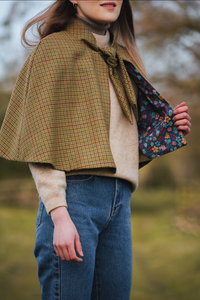 Classic Check Lovat Tweed Tie Neck Cape lined with Liberty Fabric by LoullyMakes