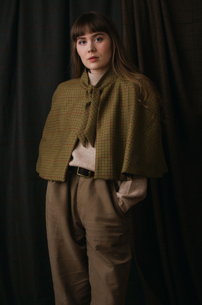 Classic Check Lovat Tweed Tie Neck Cape lined with Liberty Fabric by LoullyMakes