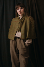 Load image into Gallery viewer, Classic Check Lovat Tweed Tie Neck Cape lined with Liberty Fabric by LoullyMakes