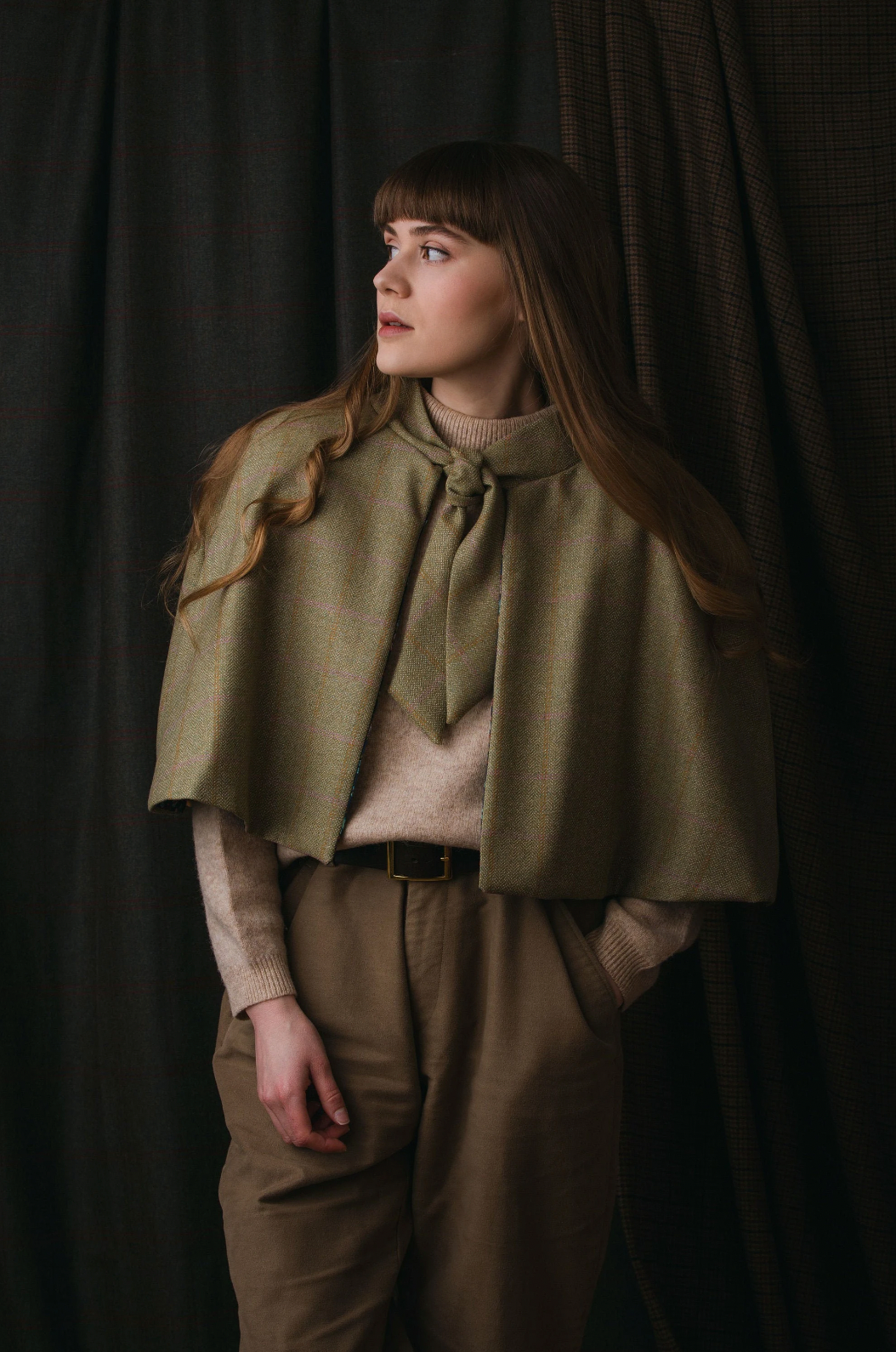 Pale Beige Lovat Tweed Tie Neck Cape lined with Liberty Fabrics by LoullyMakes