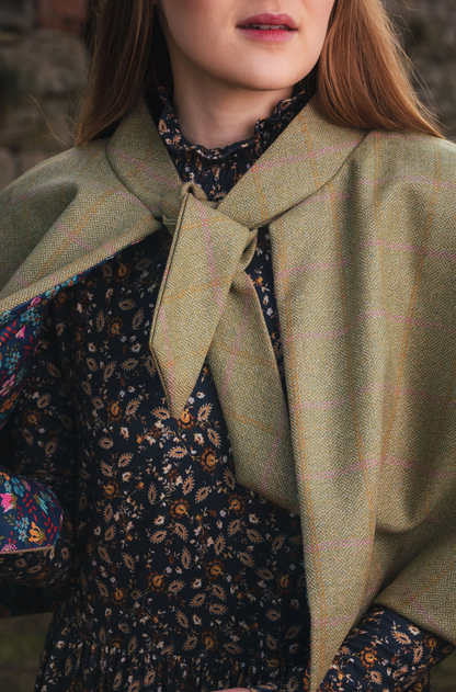 Pale Beige Lovat Tweed Tie Neck Cape lined with Liberty Fabrics by LoullyMakes