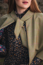 Load image into Gallery viewer, Pale Beige Lovat Tweed Tie Neck Cape lined with Liberty Fabrics by LoullyMakes