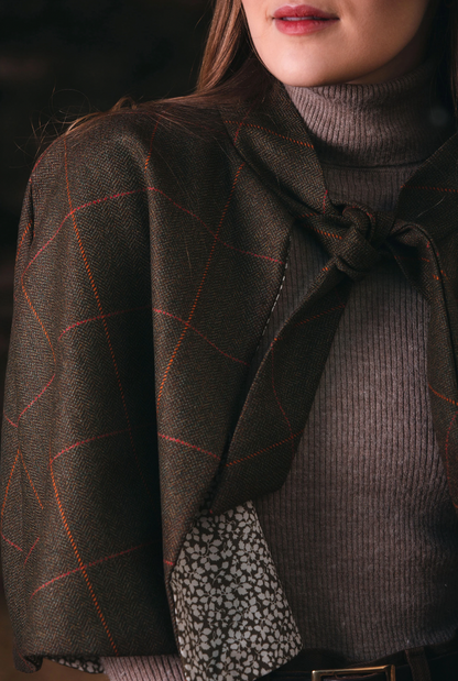 Rich Brown Lovat Tweed Tie Neck Cape lined with Liberty Fabrics by LoullyMakes