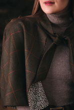 Load image into Gallery viewer, Rich Brown Lovat Tweed Tie Neck Cape lined with Liberty Fabrics by LoullyMakes