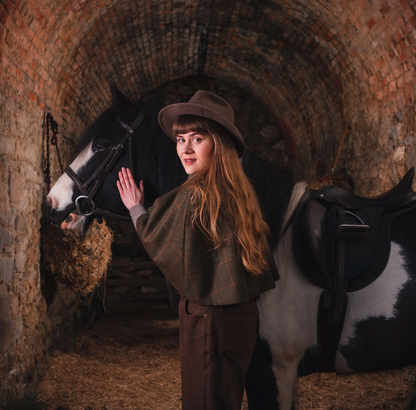 Rich Brown Lovat Tweed Tie Neck Cape lined with Liberty Fabrics by LoullyMakes