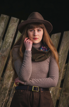 Load image into Gallery viewer, Dark Brown Lovat Tweed Cowl lined with Liberty Fabrics by LoullyMakes