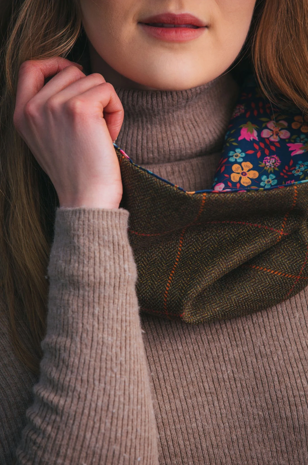 Rich Brown Lovat Tweed Cowl lined with Liberty Fabrics by LoullyMakes