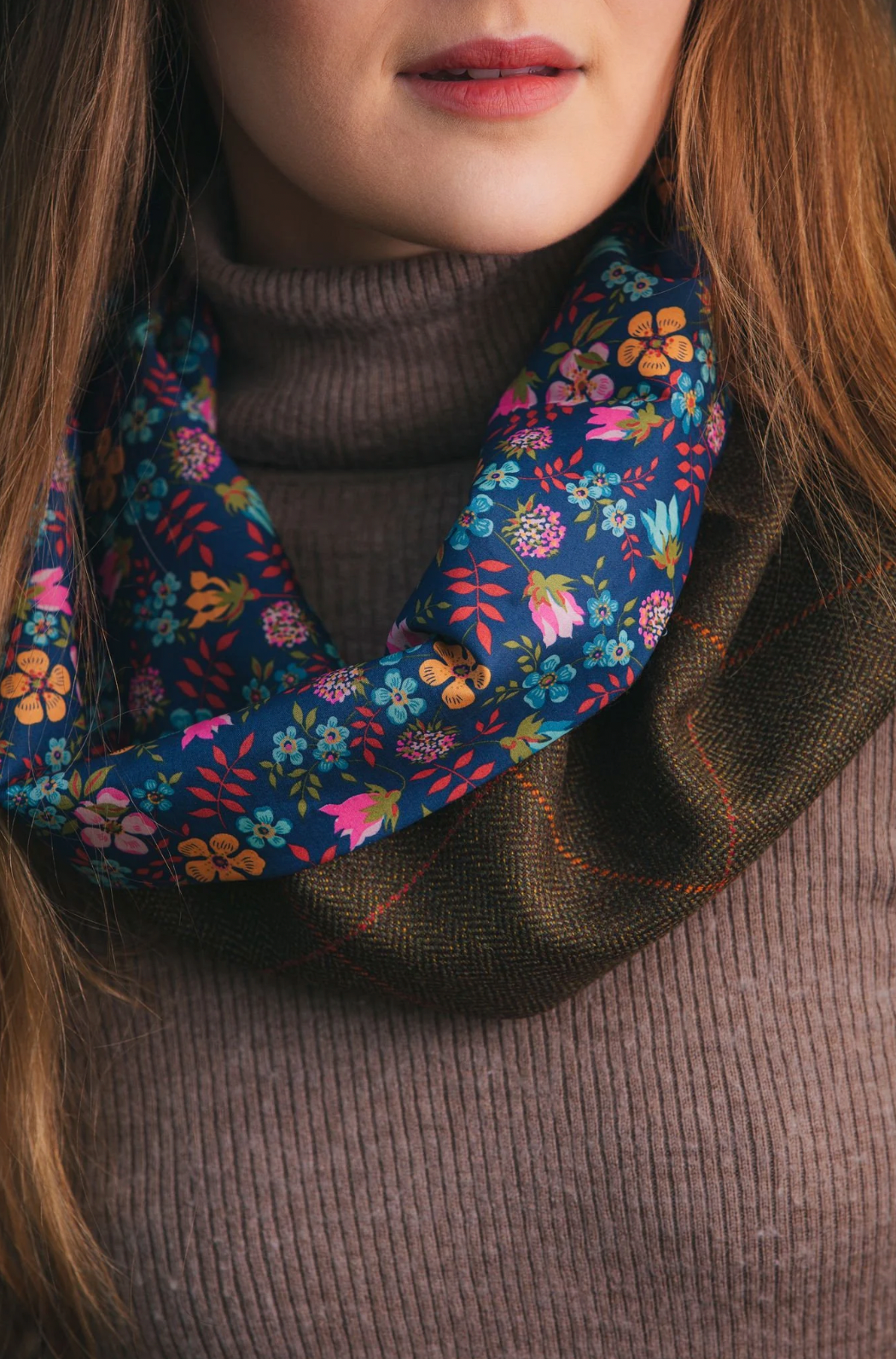 Rich Brown Lovat Tweed Cowl lined with Liberty Fabrics by LoullyMakes